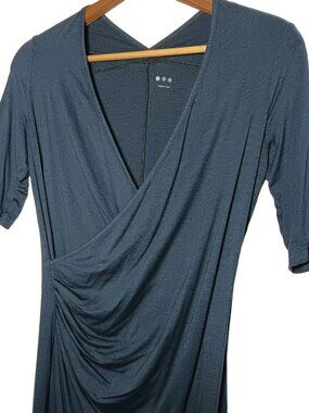 Three Dots Dress Small Faux Wrap Knee Length Blue Viscose Stretch Body Con